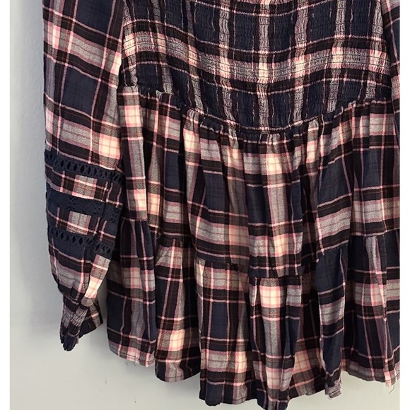 Torrid Babydoll Rayon Slub With Lace Inset Smocked Tiered Top Blue Plaid Large - Picture 3 of 11